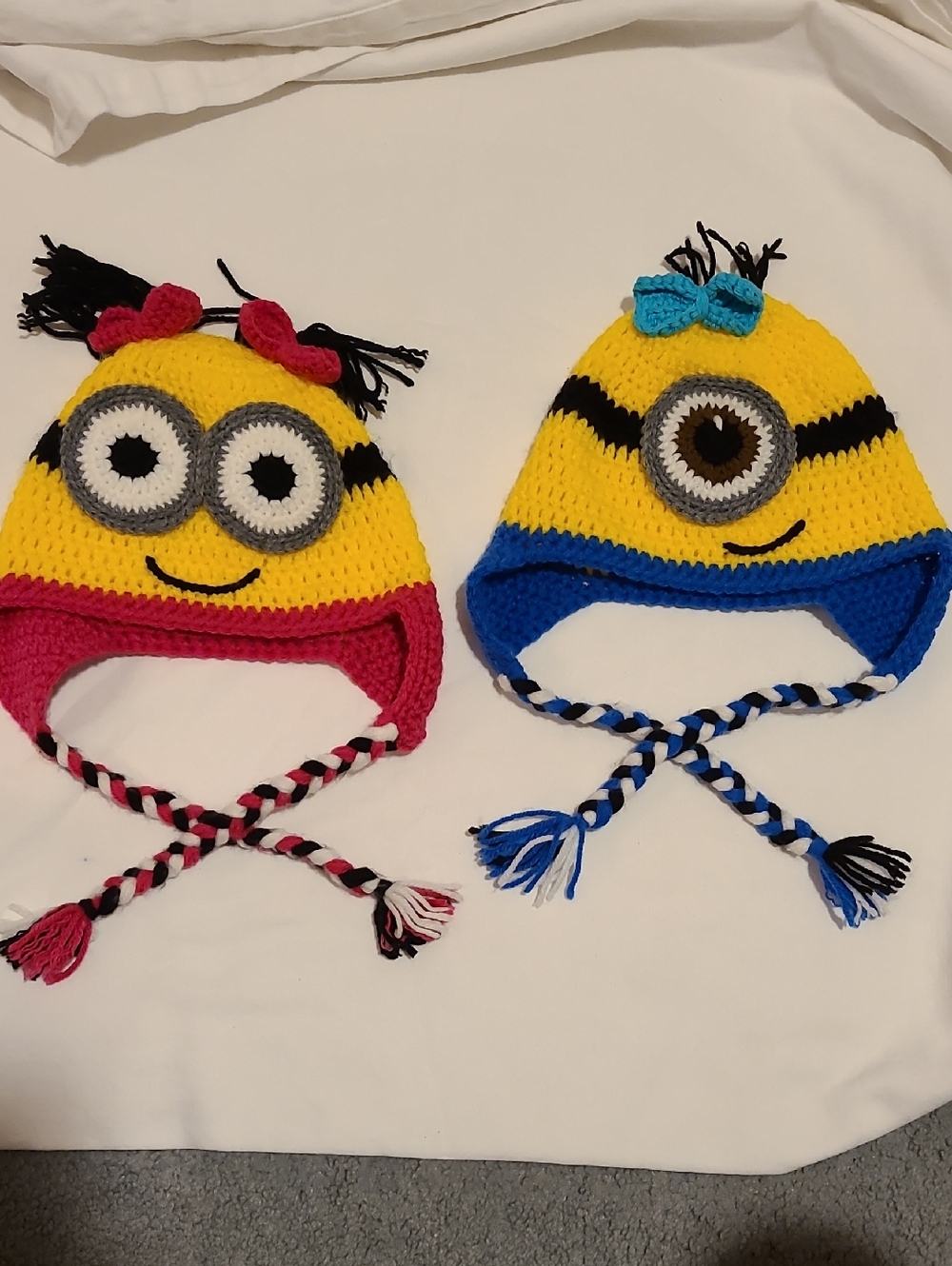 Crocheted Minion Character Hats With Braided Ties Bows Halloween Costume 2pc